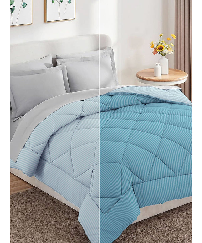 Stripe Reversible Comforter Double Bed Light Blue
