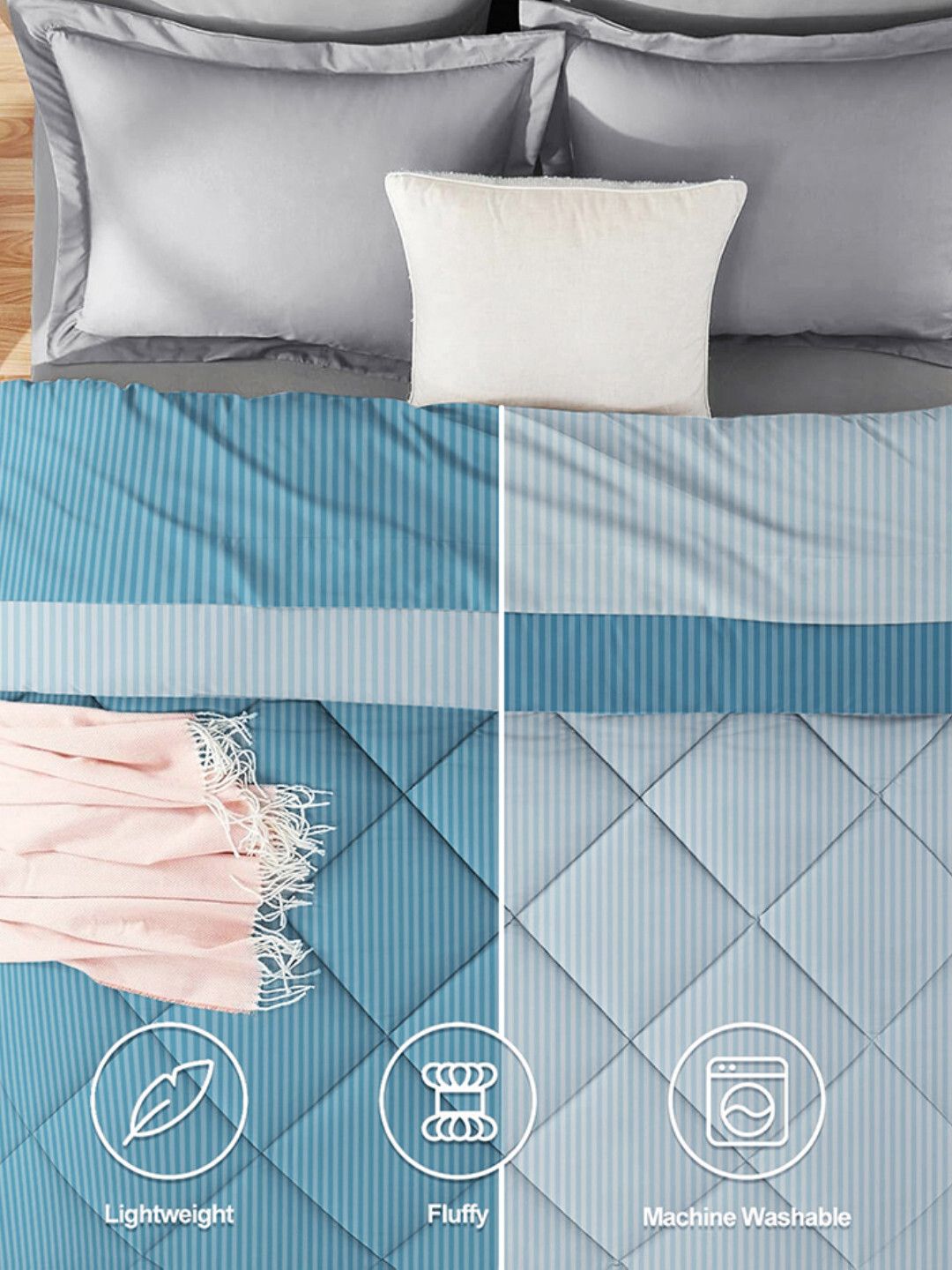 Stripe Reversible Comforter Double Bed Light Blue