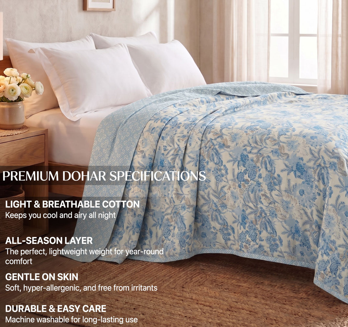 Stella Reversible Dohar Off White Aqua Blue